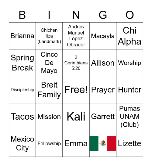 Mexico Missions Trip Bingo Card