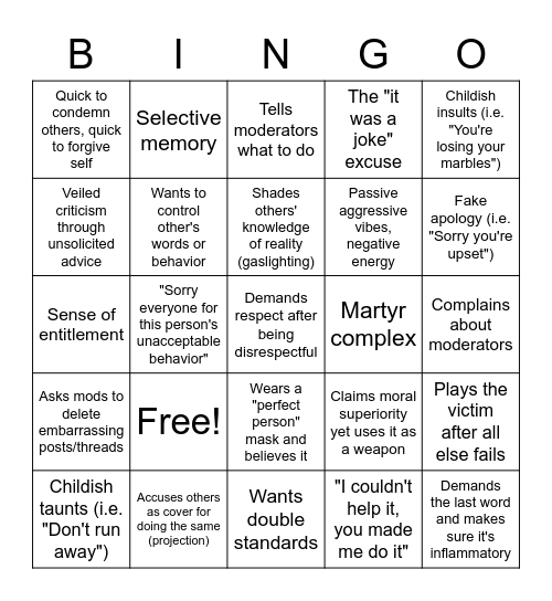 Internet Narcissist BINGO Card