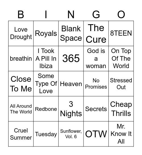 2010's Pop Bingo Card