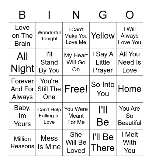 Love Songs BBS Round 1 Bingo Card