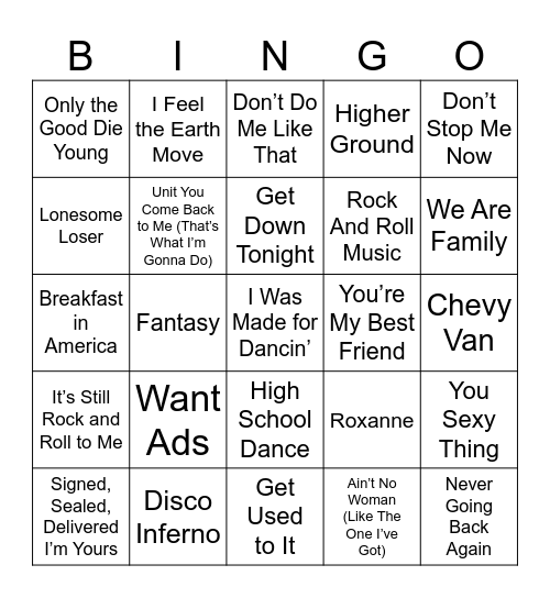 70's Bops Bingo Card