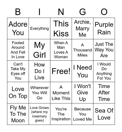 Love Songs BBS Round 2 Bingo Card