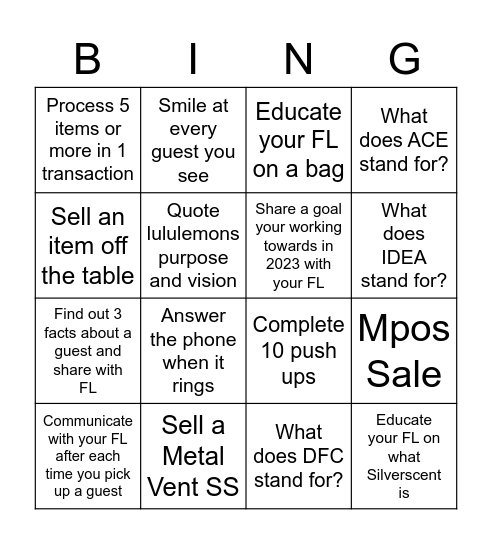 lululemon Karrinyup Bingo Card