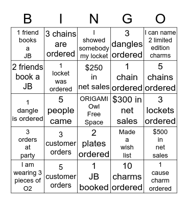ORIGAMI OWL  Bingo Card