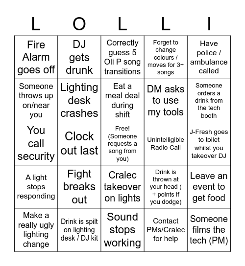 Lollipop PM Bingo Card