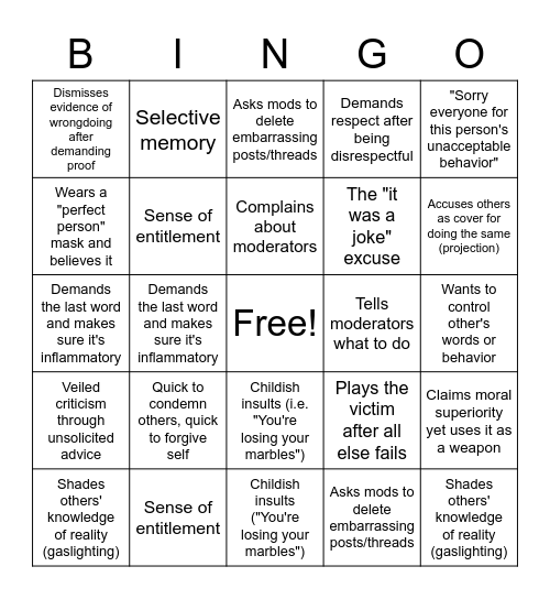 Internet Narcissist BINGO Card