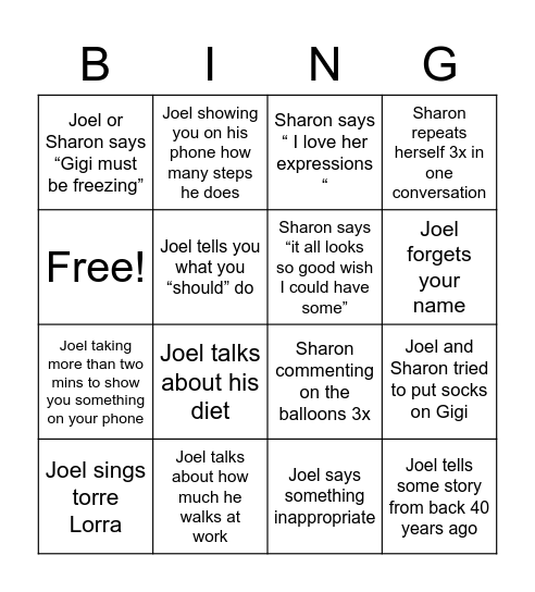 Joel and Sharon Bingo Card