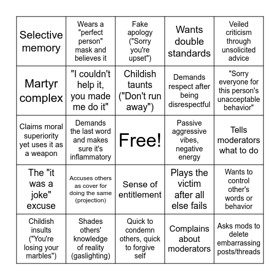 Internet Narcissist BINGO Card