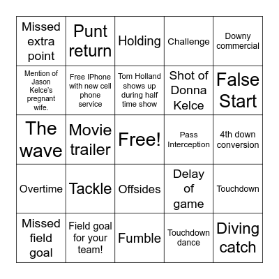Super Bowl Cover up Bingo Card