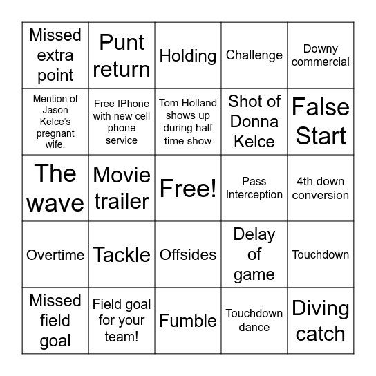 Super Bowl Cover up Bingo Card