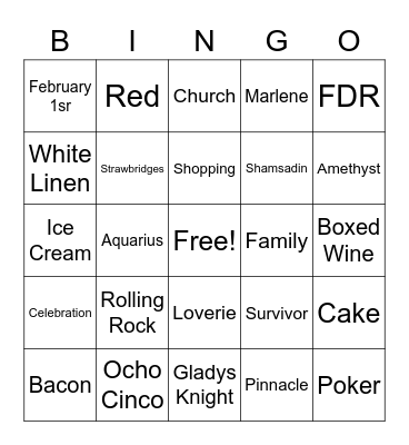 Rose’s Birthday BINGO Card