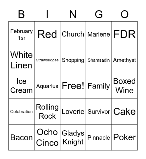 Rose’s Birthday BINGO Card