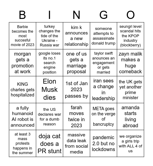 2023 guesses Bingo Card