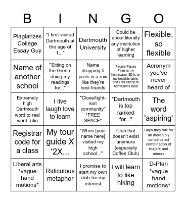 "Why Dartmouth" Bingo Card