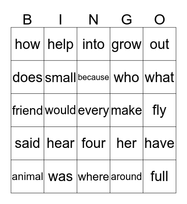 Sight Word Bingo Card