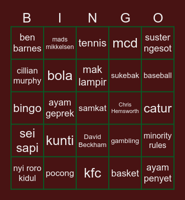 Nellie's Bingo Card