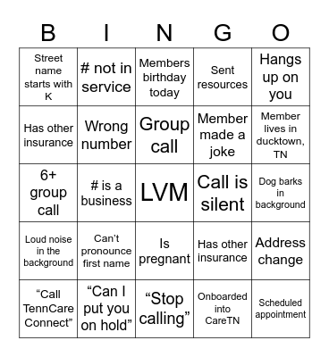 NMB calls Bingo Card