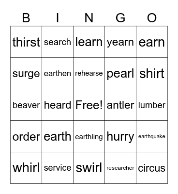 variations of /er/ Bingo Card