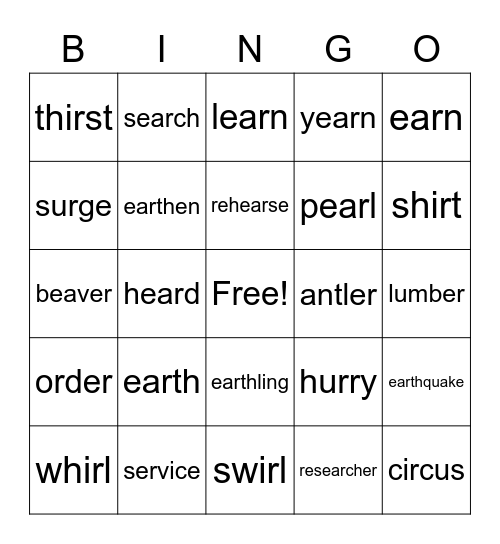 variations of /er/ Bingo Card