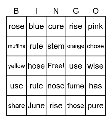 Silent E Bingo Card