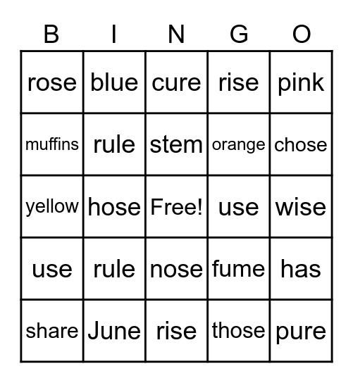 Silent E Bingo Card