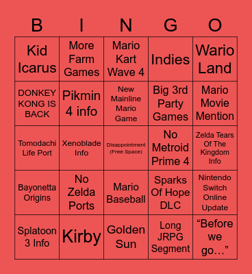 Nintendo Direct Bingo Card