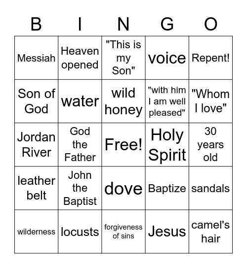 JESUS' BAPTISM Bingo Card