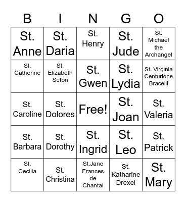 St. Lydia Bingo Card