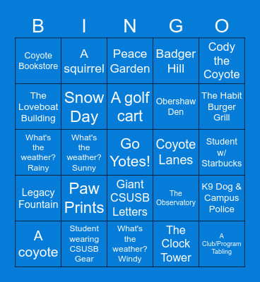 Touring CSUSB Bingo Card