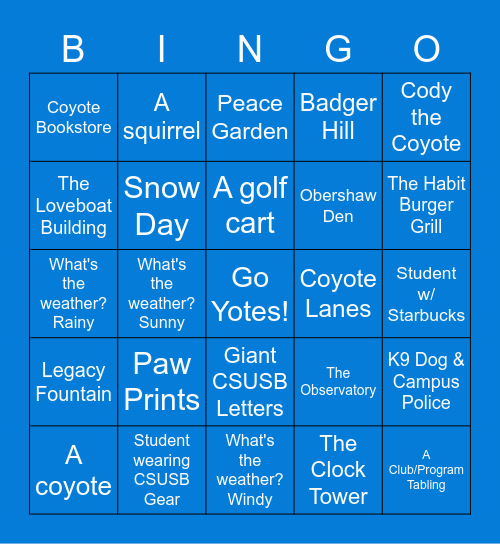 Touring CSUSB Bingo Card