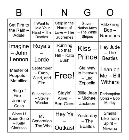 Music Trivia Bingo Card