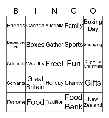 Boxing Day Bingo Card