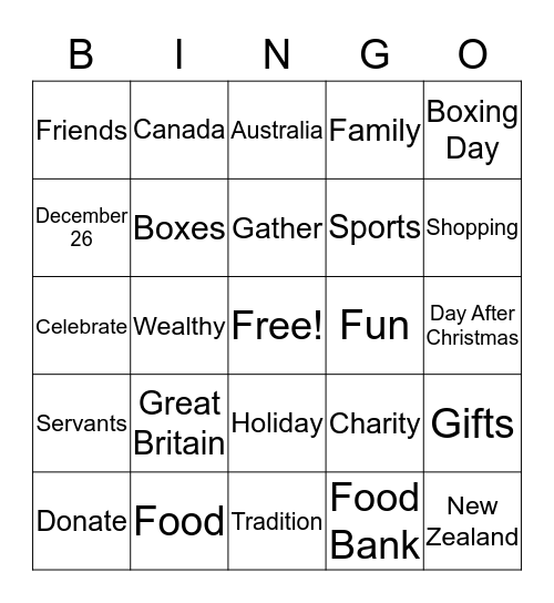 Boxing Day Bingo Card