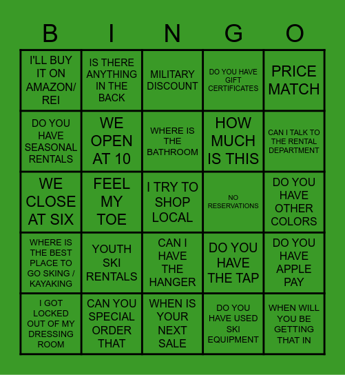 MOUNTAIN RECREATION BINGO Card