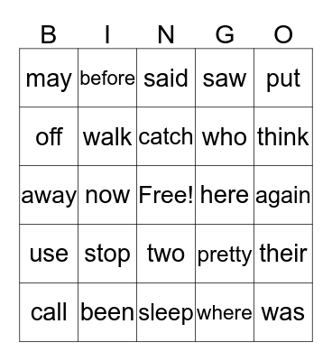 Sight Words Bingo Card