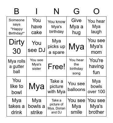 Mya's Dirty 30! Bingo Card