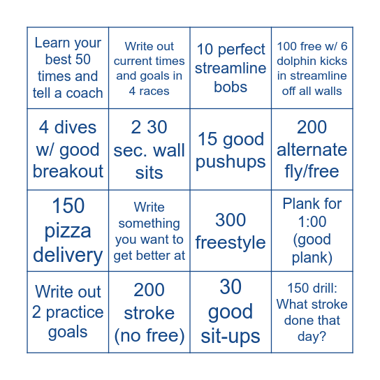 Swimgo! Bingo Card