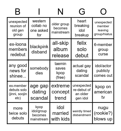 2023 kpop bingo Card