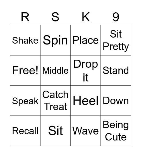 RSK9 Obedience Bingo Card
