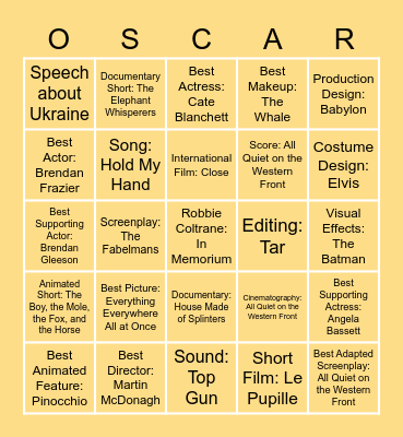 2023 Academy Awards Bingo Card