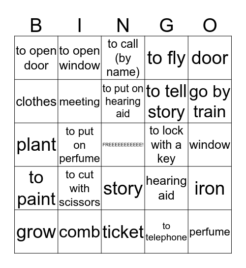 Noun-Verb Pairs Bingo Card