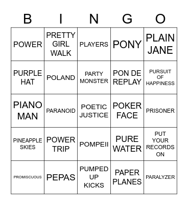 SONGS THAT START WITH P Bingo Card