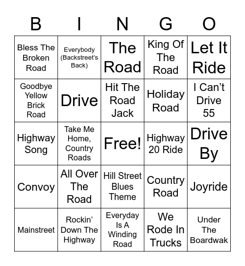 ON THE ROAD MUSIC Bingo Card