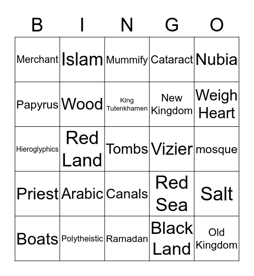 Egypt Bingo  Bingo Card