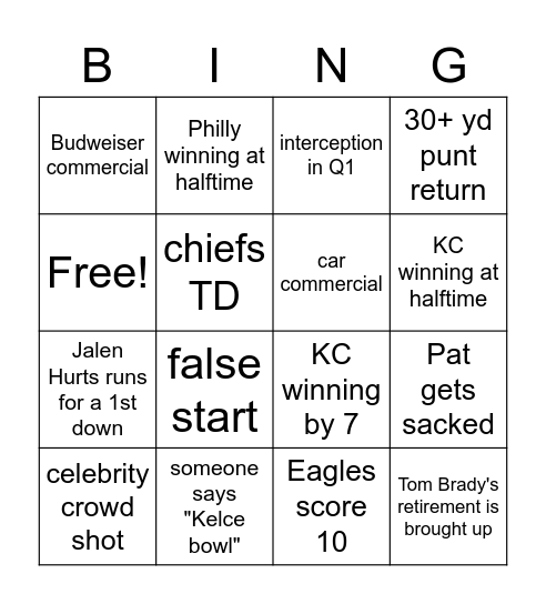 SUPER BOWL LVII BINGO Card