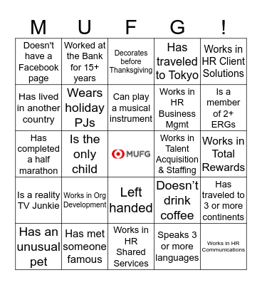 MUFG HR Holiday Party Bingo Card