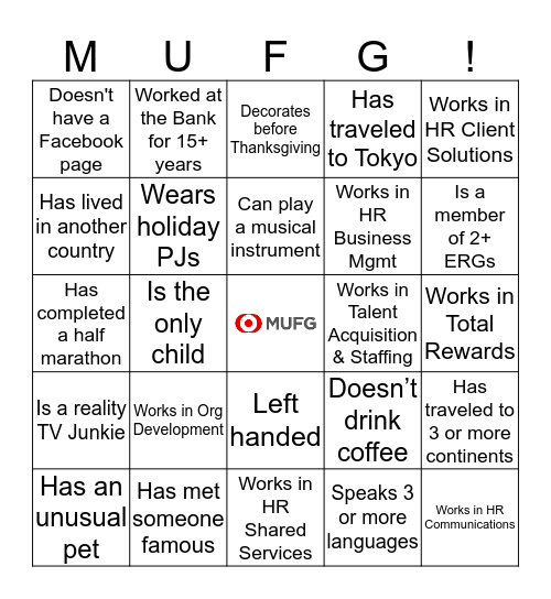 MUFG HR Holiday Party Bingo Card