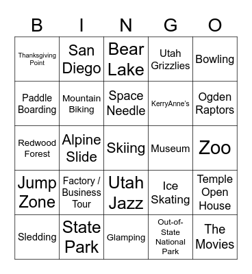 Family Activities Bingo Card