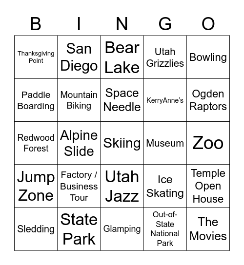 Family Activities Bingo Card