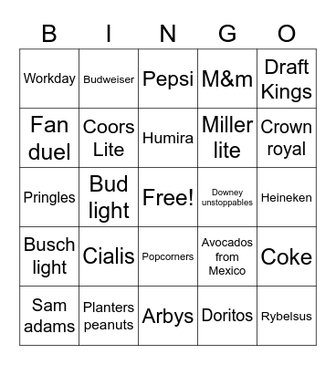 Super Bowl commercials Bingo Card